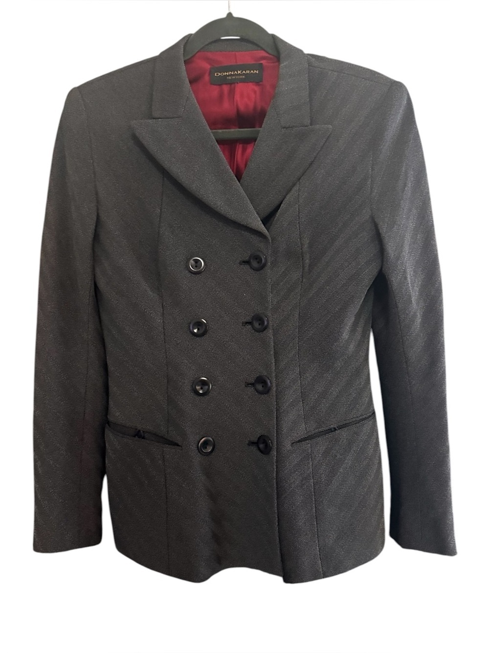 Donna Karan Gray Double-Breasted Herringbone Blazer with Burgundy Lining SZ 8